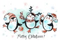 Merry Christmas penguins are dancing. New Year's card. Watercolor graphics. Vector.