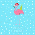 Merry Christmas. Pink flamingo with wing holding fir tree. Santa Claus hat. Exotic tropical bird. Zoo animal collection. Cute cart Royalty Free Stock Photo