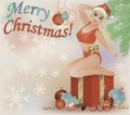 Merry Christmas pinup blonde santa girl postcard, vector