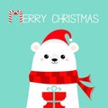 Merry Christmas. Polar white bear cub face holding gift box present. Red Santa hat, scarf. Cute cartoon baby character. Happy New Royalty Free Stock Photo