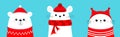Merry Christmas. Polar white bear cub Mouse Cat head face wearing red Santa hat knitted ugly sweater, hat, scarf. Cute cartoon Royalty Free Stock Photo