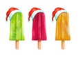 Popsicles set fruit ice-cream frozen juice Christmas hatted dessert isolated illustration.