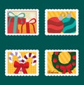 Merry Christmas Postage Stamps Set, Gift Boxes, Balls, Candy Cane And Wreath