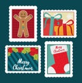 Merry Christmas Postage Stamps Set, Gingerbread Man, Gifts, Stocking