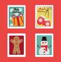 Merry christmas postal stamps set, gift, mittens, snowman and gingerbread man