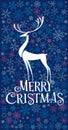 Merry Christmas postcard. Beautiful stylized deer on a blue background. Around decorative snowflakes