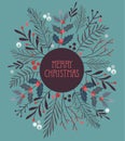 merry christmas postcard with branches and red berries turquoise background Royalty Free Stock Photo