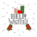 Merry Christmas postcard with cute mittens, gifts and quote lettering HELLO WINTER. The vector illustration xmas in hand