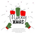 Merry Christmas postcard with cute mittens, gifts and quote lettering MERRY XMAS. The vector illustration in hand drawn