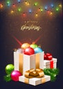 Merry Christmas postcard, decorative colorful balls, gift boxes, vector illustration