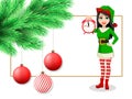 Merry Christmas postcard with fir tree branch, Christmas decorations, hanging balls and beautiful woman in Elf costume Royalty Free Stock Photo