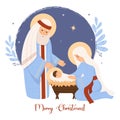 Merry Christmas postcard. Holy Family. Virgin Mary, Saint Joseph and baby Jesus in manger. Birth of Savior Christ. Holy Royalty Free Stock Photo