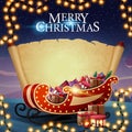 Merry Christmas, postcard with old blank parchment, beautiful landscape on the background and Santa Sleigh with presents Royalty Free Stock Photo
