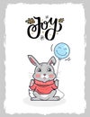 Merry Christmas Postcard Rabbit, Balloon in Paw