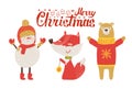 Merry Christmas Postcard, Retro Cartoon Animals Royalty Free Stock Photo