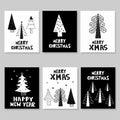 Merry Christmas postcard set. New year card with xmas trees and lettering, winter festive gift cards, noel hand drawn poster or
