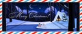 Merry christmas postcard of snowy night landscape with little house and snowmen Royalty Free Stock Photo