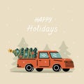 Merry Christmas Postcard template with retro pickup truck with christmas tree Royalty Free Stock Photo