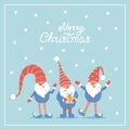 Merry Christmas Postcard. Three Vector Christmas Cute Gnomes with Red Caps in Flat Style