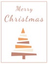 Merry christmas postcard with christmas trees in boho style. Flat new years tree in beige and orange colors