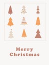 Merry christmas postcard with christmas trees in boho style. Flat new years tree in beige and orange colors