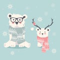 Merry Christmas postcard with two polar bears, hipster and cub Royalty Free Stock Photo