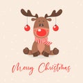 Merry Christmas Postcard. Vector Christmas Cute Reindeer with Christmas Balls on the Horns in Flat Style. Design Royalty Free Stock Photo