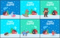 Merry Christmas Poster with Animals Set Vector