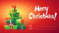 Merry Christmas poster card with callygraphy lettering and cartoon style many gifts stack , ribbon bow on box presents. funny part Royalty Free Stock Photo