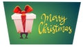 Merry Christmas poster card with callygraphy lettering and cartoon style many gifts stack , ribbon bow on box presents. funny part Royalty Free Stock Photo