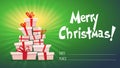 Merry Christmas poster card with callygraphy lettering and cartoon style many gifts stack , ribbon bow on box presents. funny part Royalty Free Stock Photo