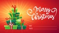 Merry Christmas poster card with callygraphy lettering and cartoon style many gifts stack , ribbon bow on box presents. funny part Royalty Free Stock Photo