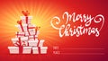 Merry Christmas poster card with callygraphy lettering and cartoon style many gifts stack , ribbon bow on box presents. funny part Royalty Free Stock Photo