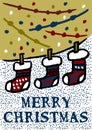 Merry christmas poster with classic christmas socks doodle on festive background. Cheerful illustration on a background of