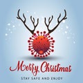 Merry Christmas poster. corona virus with reindeer hons .corona, covid-19 concept. vector illustration