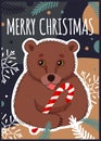 Merry Christmas poster with a cute bear and winter elements. Royalty Free Stock Photo