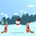 Merry Christmas Poster Design With Cartoon Snowman, Funny Squirrel Holding Snowballs On Blue And Cyan Mountain