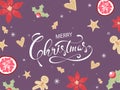 Merry Christmas Poster Design with Flower, Holly Berries, Passion Fruit, Star fruits, Gingerbread, Xmas tree, Hearts Cookies on