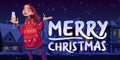 Merry Christmas poster with girl on snowy street Royalty Free Stock Photo