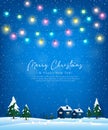 Merry Christmas poster greeting card bulb light, house, tree and snow blue background Royalty Free Stock Photo