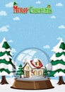 Merry Christmas poster with a house in snowdome