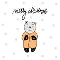 Merry christmas poster lettering hand drawn. Cartoon bear in clothes character in grey, yellow, black color white background.