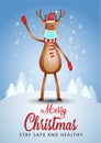 Merry Christmas poster. reindeer wearing medical mask and Santa hat. Vector illustration Royalty Free Stock Photo