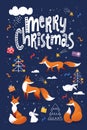 Merry Christmas poster in Scandic doodle style with cute animals.