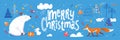 Merry Christmas poster in Scandic doodle style with cute animals.