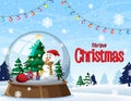 Merry Christmas poster with snowman in snowdome