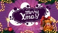 Merry Christmas, purple postcard with garland, candle and present with Teddy bear