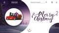 Merry Christmas, purple and white greeting card for website with winter landscape and red vintage car carrying Christmas tree Royalty Free Stock Photo