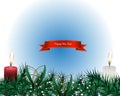 Merry Christmas Realistic Shining Candles, Burning Fire, Light Garlands and Fir Tree Branches on Blue Background. Vector Royalty Free Stock Photo