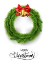 Merry Christmas realistic wreath with christmas gold bells and red ribbon. Vector.